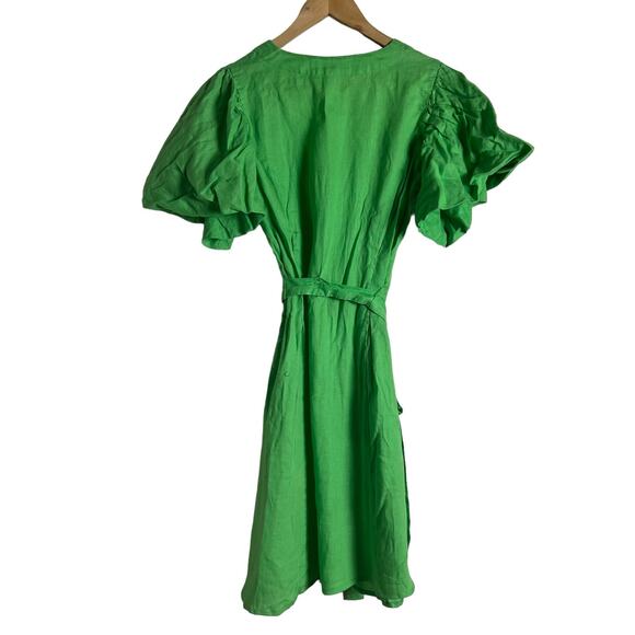 Nicholas Troy Green Linen Button Front Tie Waist Short Sleeve Dress Size 4 - Picture 11 of 12
